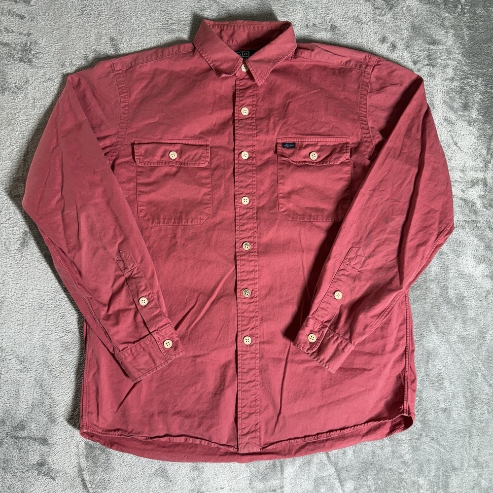Polo Ralph Lauren Shirt Mens L Pink Double Breast Pocket Long Sleeve Button Up
